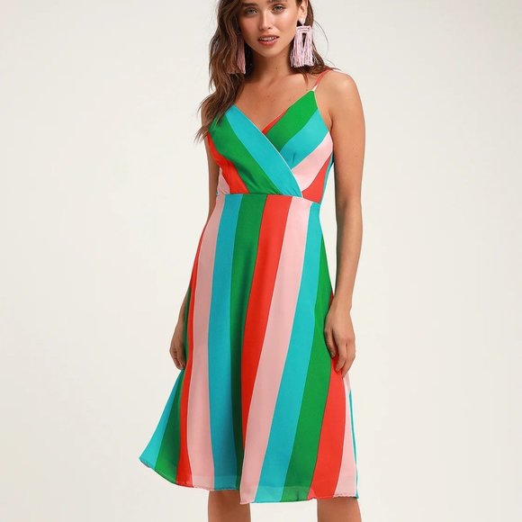 Vivacious Veronica Green Multi-Striped Midi Dress - Picture 1 of 7